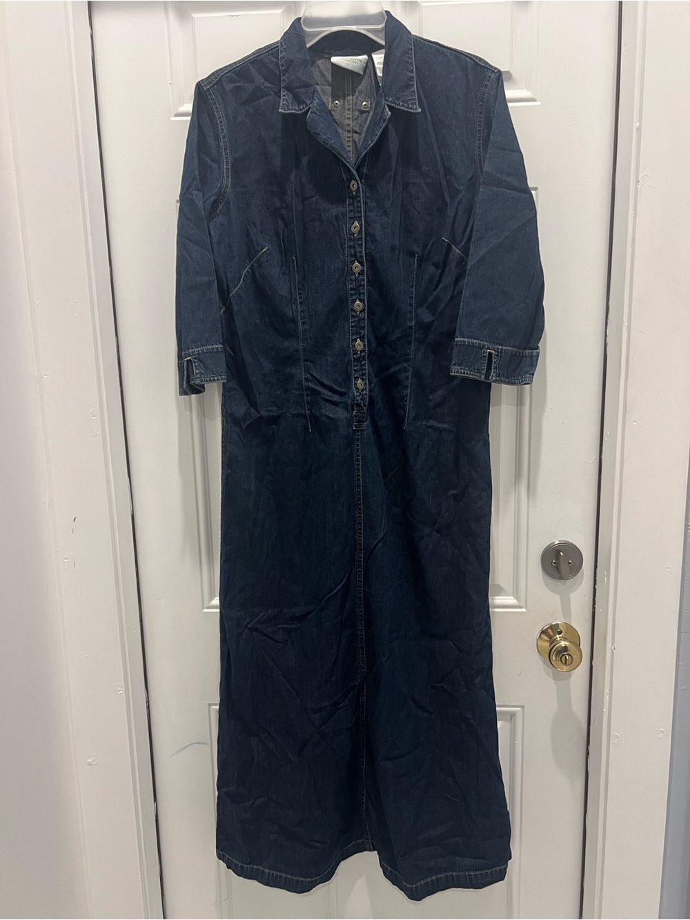 Vintage Liz Claiborne 12 Denim Maxi Dress Button Front 3/4 Sleeve Collared # 887